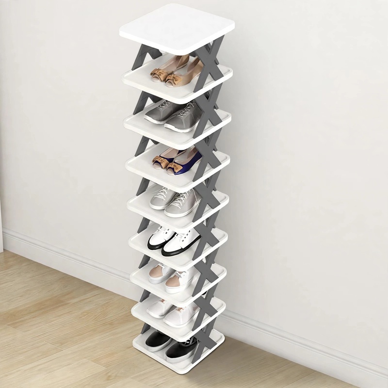 A tall, narrow, 9-tier shoe rack with white shelves