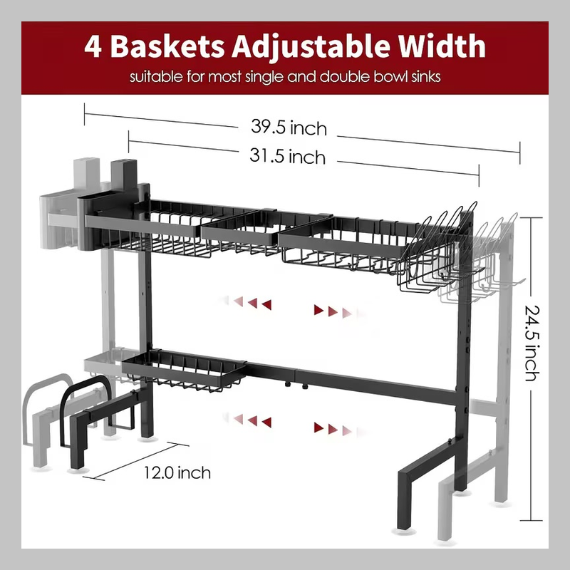 Expandable Multi-Tier Black Kitchen Organizer Technical dimension layout of a 4-basket Expandable Multi-Tier Black Kitchen Organizer showing size specs and sink compatibility.