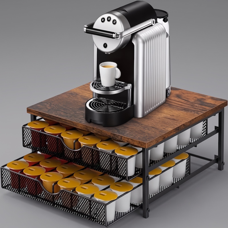 A clean, three-quarter studio view of the fully stocked counter coffee pod holder on a neutral grey background.