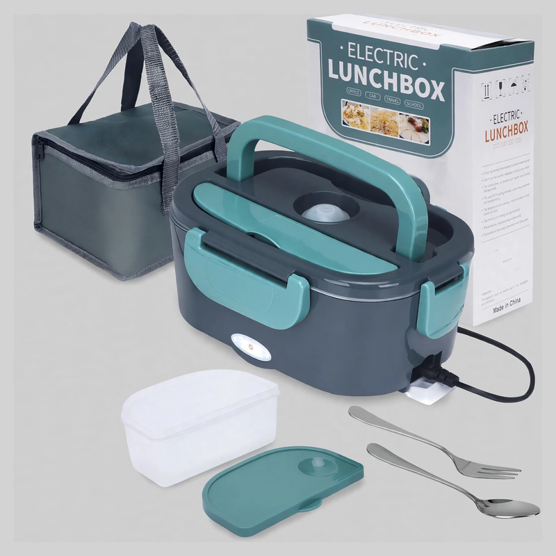 Complete set of the dark gray and teal Electric Lunch Box including insulated carry bag, container, and cutlery.