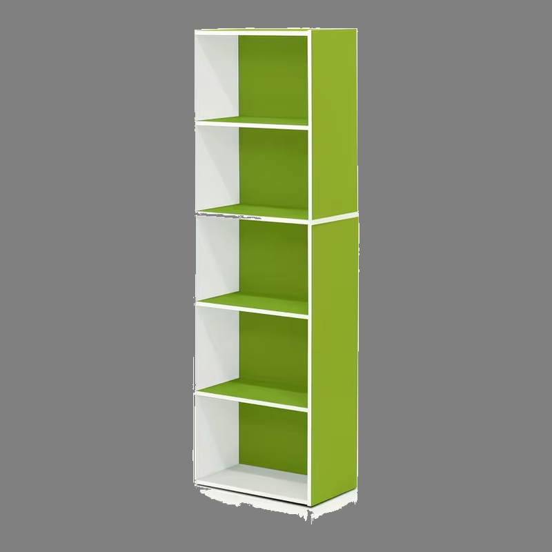 A three-quarter view of the fully assembled 5-tier bookcase, with white frame and solid lime green back and side panels, isolated on a grey background.