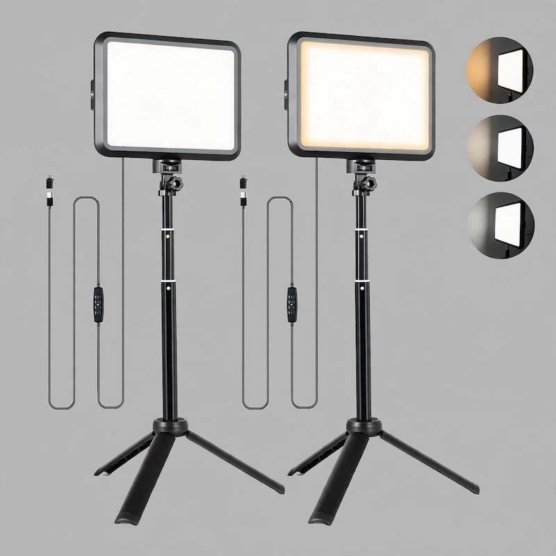 Front view product display showing two adjustable tripod stands with LED video light panels and inline USB controllers for the LED Video Kit Studio Light Photography.