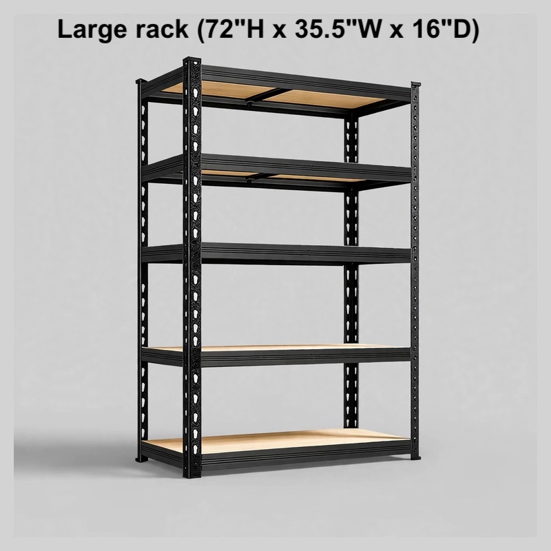 Front view of a large 72-inch tall black 5-shelf metal storage unit with wooden boards.