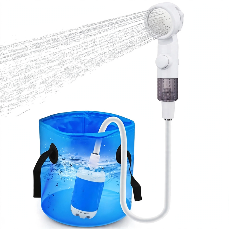 Full front view of the Portable Outdoor Shower Pump Set showing the powerful water spray from the white showerhead connected to a submersible pump in a blue bucket.