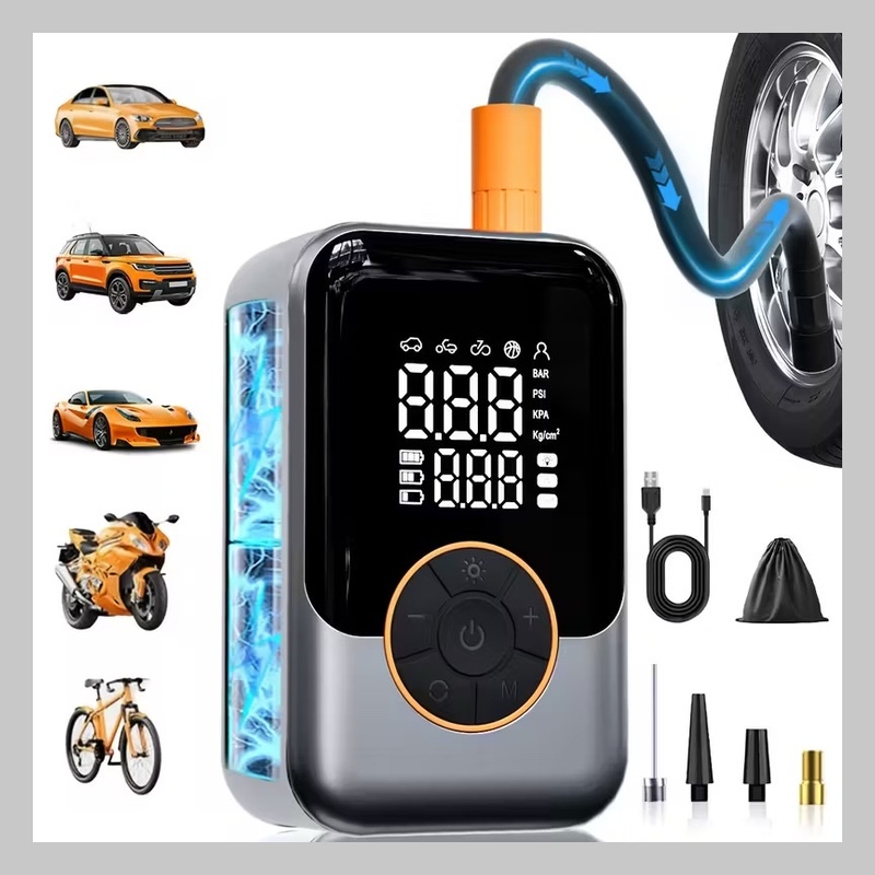 Front view of the portable wireless air pump displayed alongside multi-use vehicle icons, storage pouch, and various nozzles.