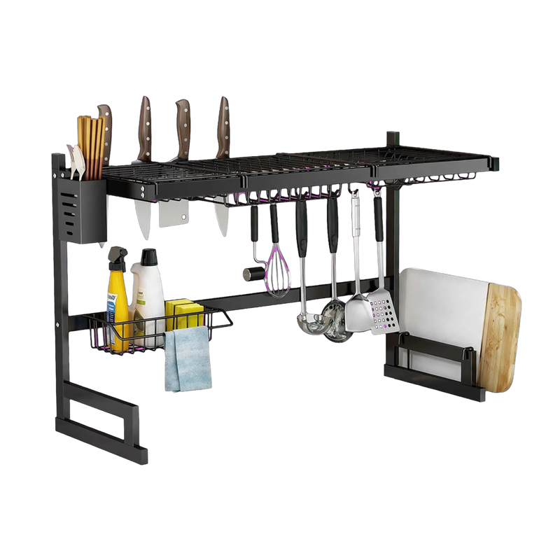 Three-quarter front view of the black stainless steel over-sink dish rack, fully stocked with tableware, cutlery, and cleaning supplies."