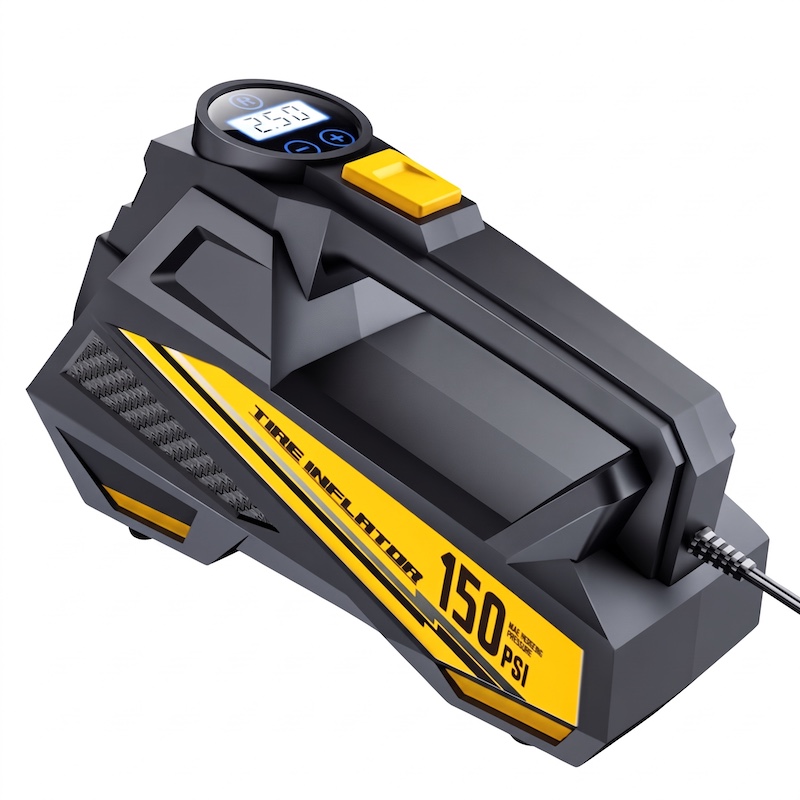 Studio shot of Carsun digital tire inflator is a portable air compressor, black and yellow.
