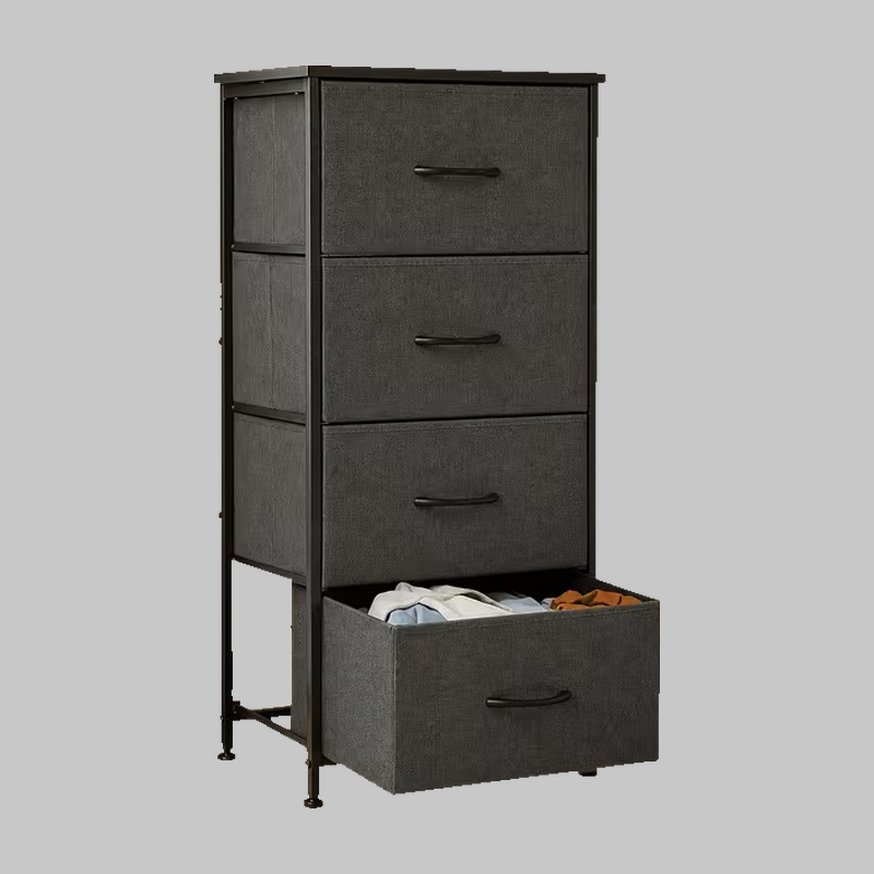 Front view of a dark gray/black 4-drawer vertical tall tower Home Display Cabinet with one open drawer.