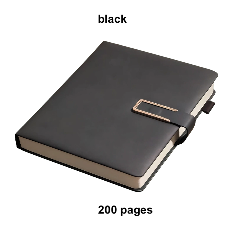 Front view of the black 200-page Extra Thick A5 Notebook with a golden magnetic latch.