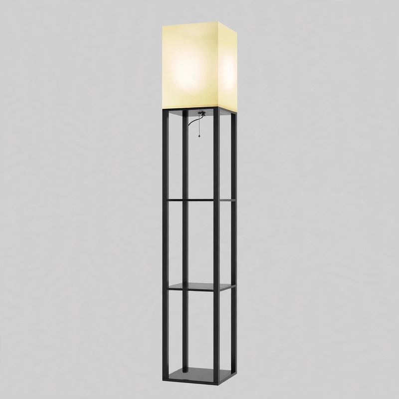 Full front view of the Single 62.9-inch Floor Lamp with Shelf in a sleek black finish featuring open shelving and a lit fabric shade.