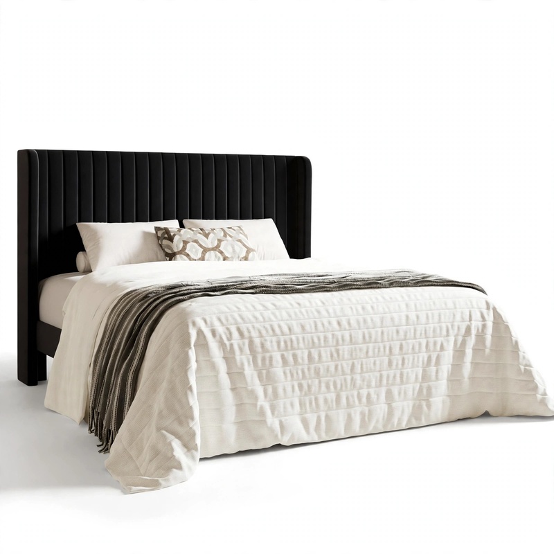 Front angle view of the black velvet WEEWAY Upholstered Platform Bed Frame with luxury bedding in a clean setting.