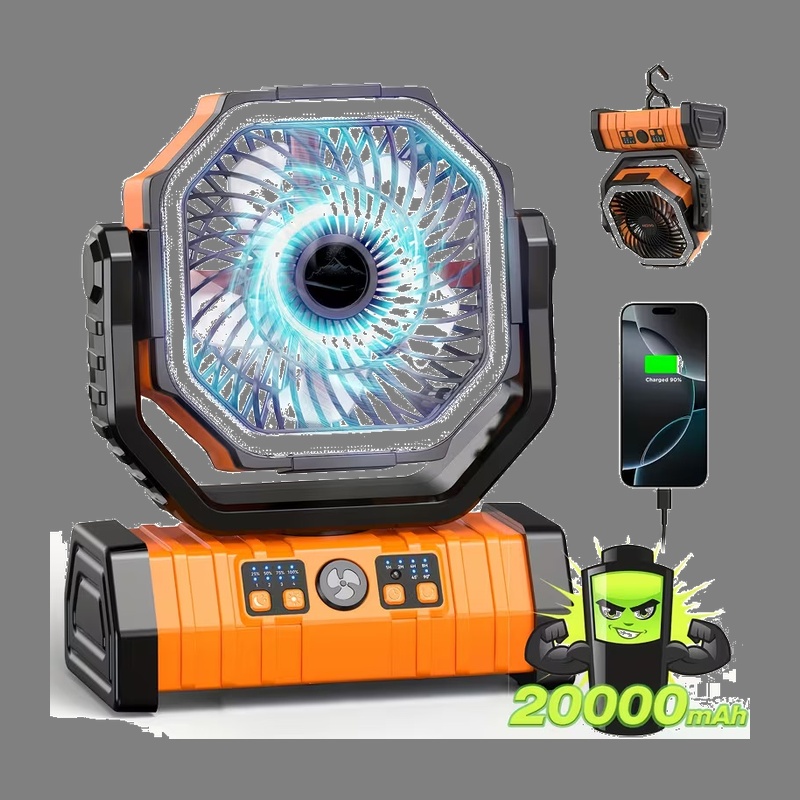 Front view of the black and orange F6 Portable Camping Fan with Remote showing LED light ring and power bank feature.