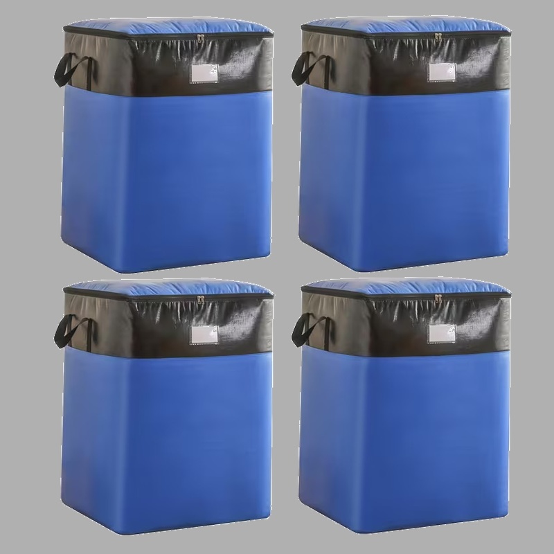 Front view of four blue Large Capacity Moving Packing Bags featuring black upper sections and secure zippered openings.