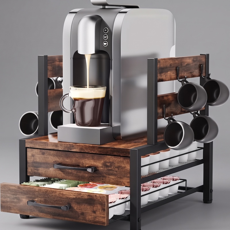 A three-quarter view of the assembled Double Layer Coffee Capsule Storage Rack on a neutral gray background. The top drawer for pods is partially open, the mug hooks on the side are visible, and a lower wire rack is also stocked with cups. The overall style is rustic-industrial.