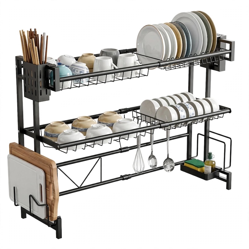 Front clean view of a fully loaded black double layer Stainless Steel Bowl And Dish Drying Rack with plates, bowls, cups, and chopping boards.
