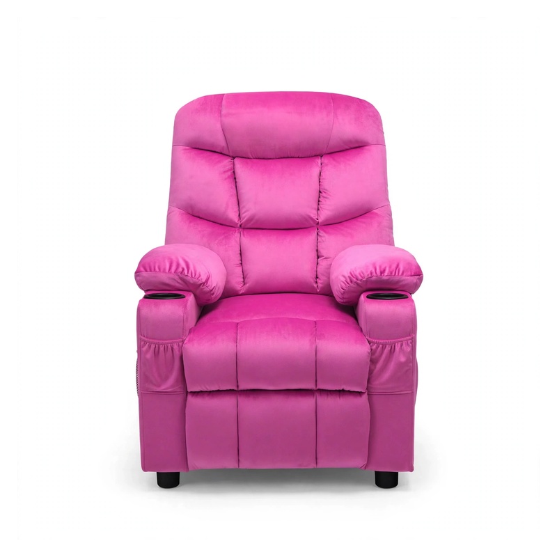 Girls' Pink Velvet Recliner Chair with Cup Holder Front view of the pink Velvet Recliner Chair with Cup Holder designed for kids and teens.