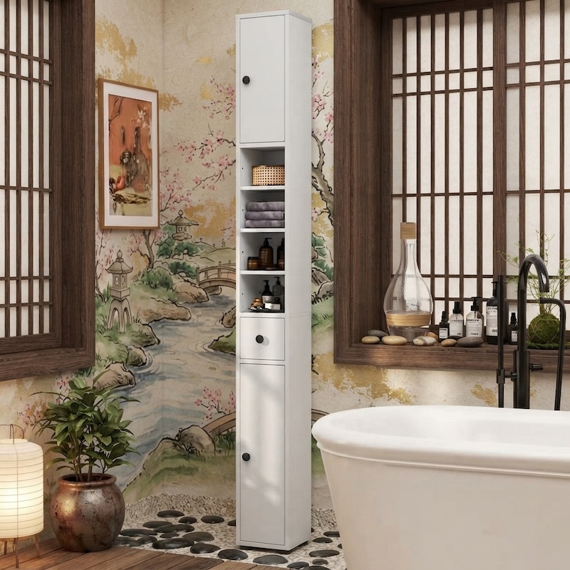 Slim Bathroom Tall Cabinet Against a concrete wall, a white cabinet stands with doors open, revealing folded towels and supplies. A floating wood shelf and ladder rack are nearby.