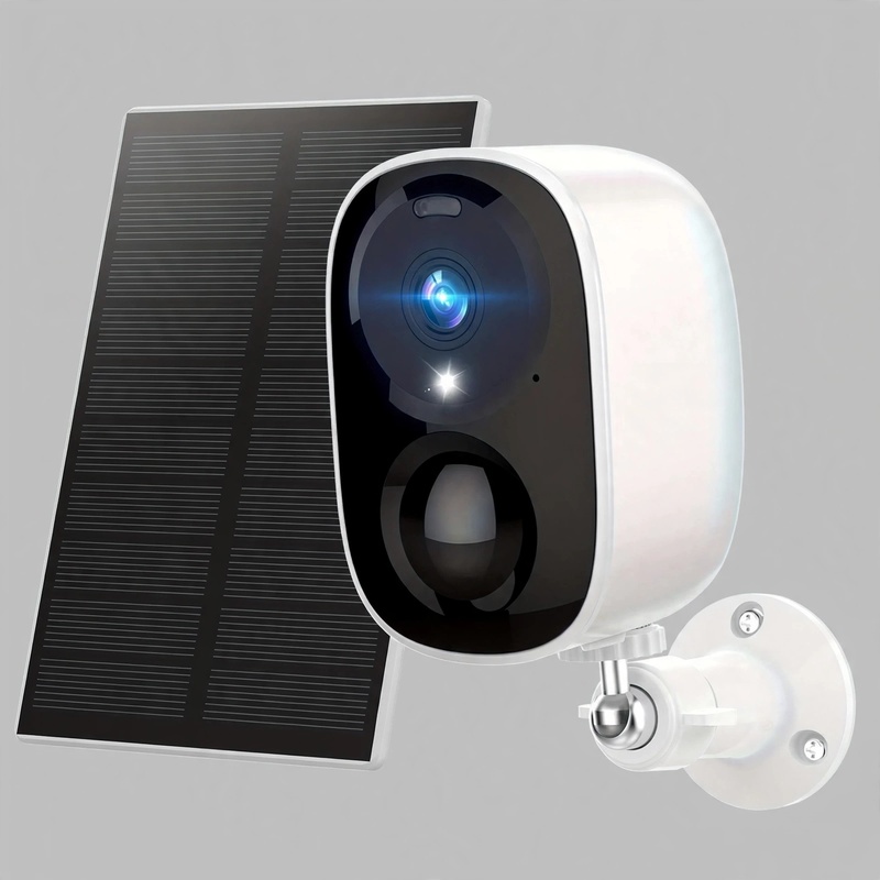 Front view of a clean white Solar Panel Battery 2K FHD WiFi Camera with integrated solar panel setup.