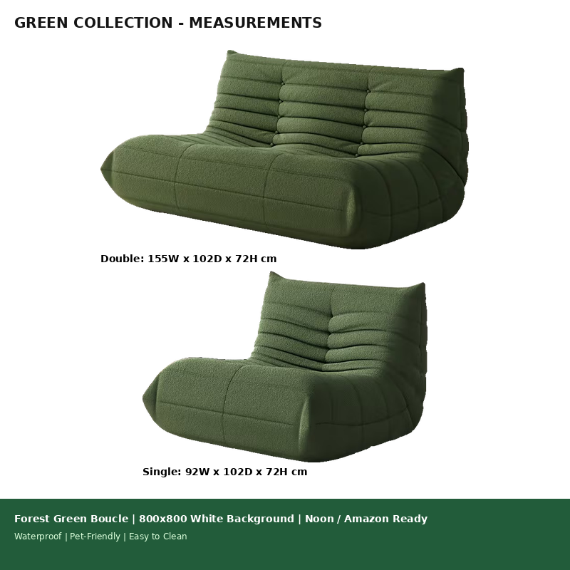 Adult Bean Bag Chair - Teddy Velvet Sofa Bed, Modern and Comfortable Lazy Sofa, Couple Sofa, Armless Cushioned Floor Chair, Suitable for A Variety Of Room Types, Game Sofa, Balcony Tatami, Multi-person Sofa Bed 57 Informational graphic displaying single and double sizes for the forest green Adult Bean Bag Chair collection.