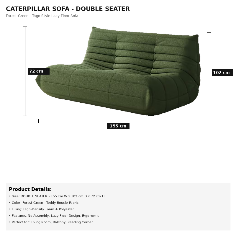 Adult Bean Bag Chair - Teddy Velvet Sofa Bed, Modern and Comfortable Lazy Sofa, Couple Sofa, Armless Cushioned Floor Chair, Suitable for A Variety Of Room Types, Game Sofa, Balcony Tatami, Multi-person Sofa Bed 58 Specification graphic detailing measurements and product features of the green double-seater Adult Bean Bag Chair.