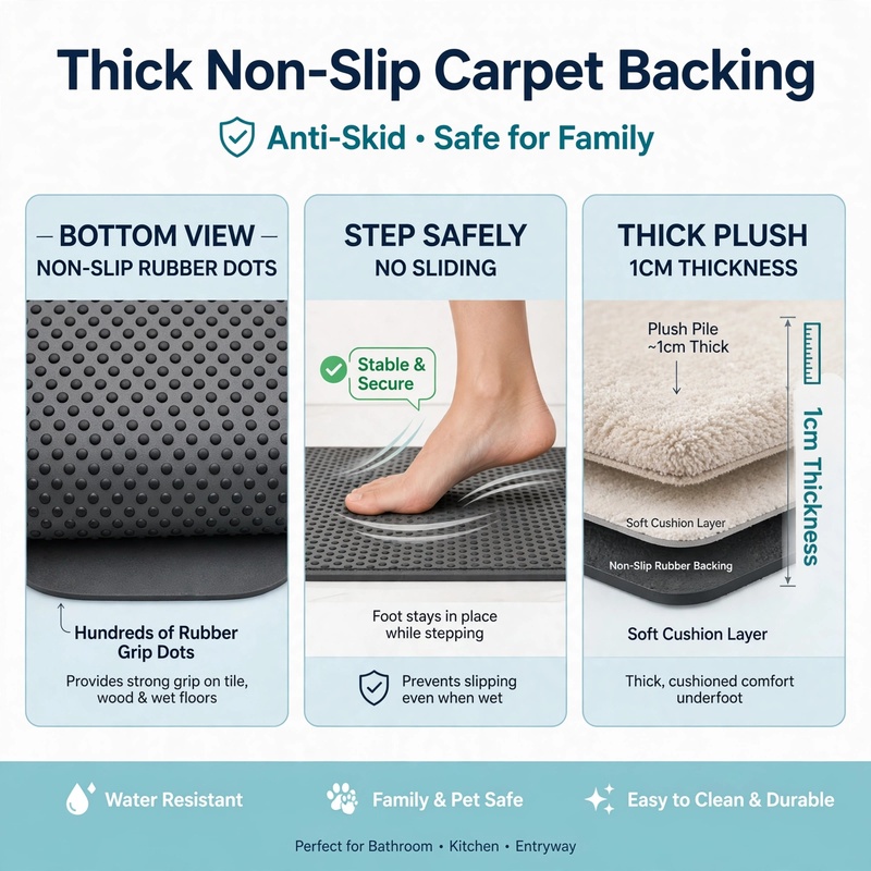 4Ps Advanced Bathroom Mat - Quick-Drying Memory Foam, Machine Washable, Thick Non-Slip Carpet, Suitable for Shower Rooms, Kitchens, And Laundry Rooms - Soft And Comfortable Home Decor 35 An infographic detailing the thick non-slip carpet backing, rubber grip dots, and 1cm thickness layers designed for family and pet safety.