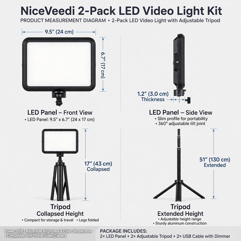 NiceVeedi 2-Pack LED Video Kit Studio Light Photography Lighting Kit with Tripod Stand & Phone Holder, 2800-6500K Dimmable -Powered Adjustable Color Temperature Lighting for Video Recording, Gaming Streaming, YouTube/Vlogging, Compatible with DSLR/Camcorders/Smartphones, Content Creation, Youtube Filming, Portable Setup, Compact Design, Reliable Performance, Durable Construction, Dimmable Lights, Smartphone Lighting, Photography Equipment, Photography Kit, Content Creator Equipment 13 Technical specification diagram detailing panel dimensions (9.5" x 6.7"), thickness (1.2"), collapsed tripod height (17"), and extended tripod height (51") for the LED Video Kit Studio Light Photography.