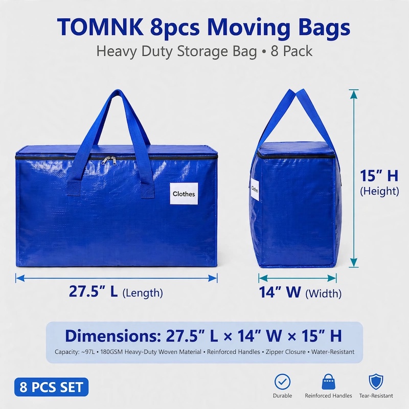 TOMNK 8pcs Moving Bags Heavy Duty, Storage Bags with Sturdy Handles And Zippers, Saving Moving Storage, Foldable, for Halloween And Christmas 16 Detailed dimension and measurement graphic for TOMNK Moving Bags Heavy Duty showing length, width, and height.