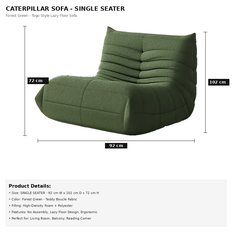 Adult Bean Bag Chair - Teddy Velvet Sofa Bed, Modern and Comfortable Lazy Sofa, Couple Sofa, Armless Cushioned Floor Chair, Suitable for A Variety Of Room Types, Game Sofa, Balcony Tatami, Multi-person Sofa Bed 59 Specification graphic displaying size measurements and features for the single-seater green Adult Bean Bag Chair.
