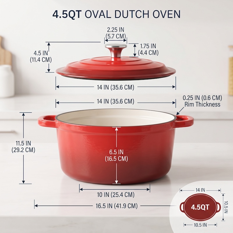 exclusive 4.5QT Enameled Dutch Oven Pot With Lid, Cast Iron Dutch Oven With Dual Handles For Bread Baking, Cooking, Non-stick Enamel Coated Cookware 33 A technical diagram illustrating the specific measurements of a 4.5QT oval Enameled Dutch Oven Pot With Lid in red. The pot and lid are shown separately, with various dimension lines and numerical values in inches and centimeters indicating height, width, length, internal depth, and rim thickness. Text at the top reads: "4.5QT OVAL DUTCH OVEN".