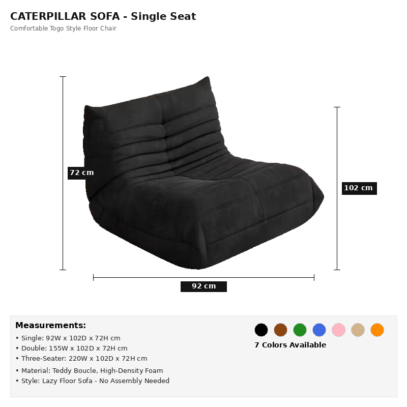 Adult Bean Bag Chair - Teddy Velvet Sofa Bed, Modern and Comfortable Lazy Sofa, Couple Sofa, Armless Cushioned Floor Chair, Suitable for A Variety Of Room Types, Game Sofa, Balcony Tatami, Multi-person Sofa Bed 60 Informational product chart showing dimensions, color choices, and features of the Adult Bean Bag Chair.