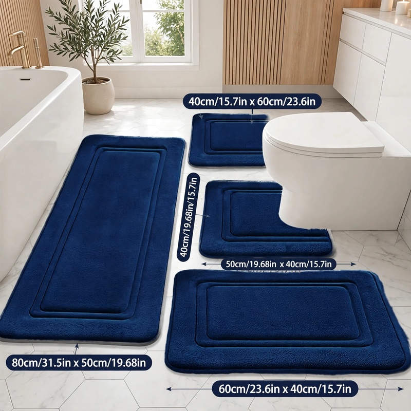 4Ps Advanced Bathroom Mat - Quick-Drying Memory Foam, Machine Washable, Thick Non-Slip Carpet, Suitable for Shower Rooms, Kitchens, And Laundry Rooms - Soft And Comfortable Home Decor 36 A top-view layout of the navy blue 4-piece bathroom mat set with size and measurement indicators mapped across each mat.