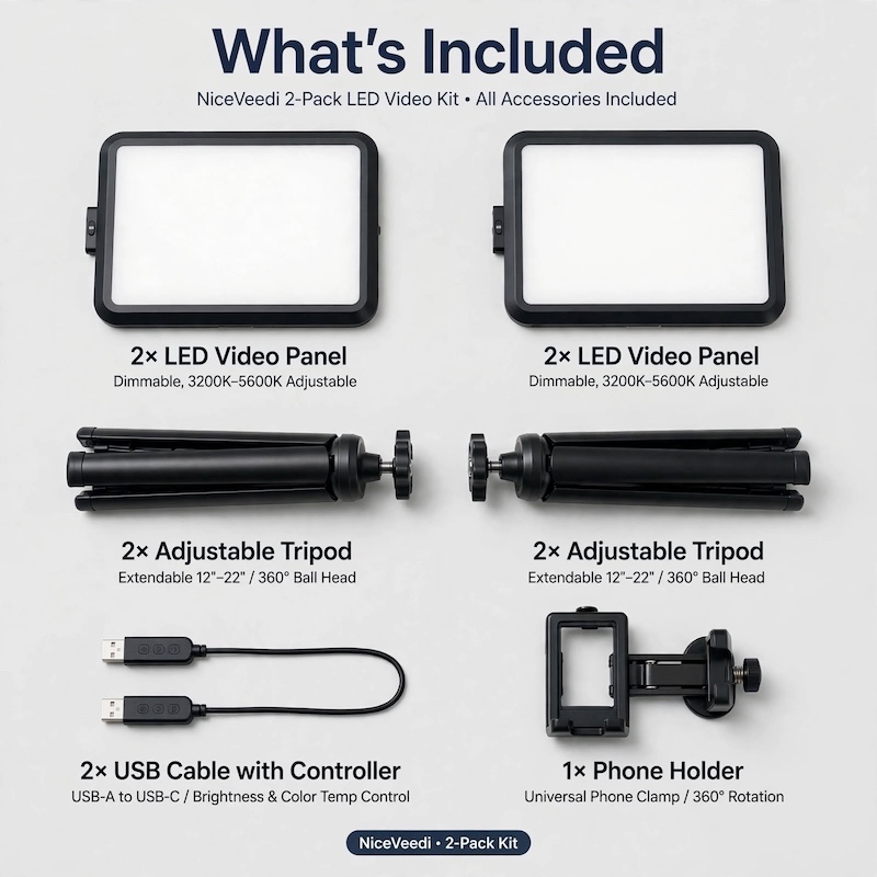 NiceVeedi 2-Pack LED Video Kit Studio Light Photography Lighting Kit with Tripod Stand & Phone Holder, 2800-6500K Dimmable -Powered Adjustable Color Temperature Lighting for Video Recording, Gaming Streaming, YouTube/Vlogging, Compatible with DSLR/Camcorders/Smartphones, Content Creation, Youtube Filming, Portable Setup, Compact Design, Reliable Performance, Durable Construction, Dimmable Lights, Smartphone Lighting, Photography Equipment, Photography Kit, Content Creator Equipment 14 Flat lay overview of all package components including 2 LED video panels, 2 adjustable tripods, 2 USB cables with controllers, and 1 universal phone holder for the LED Video Kit Studio Light Photography.