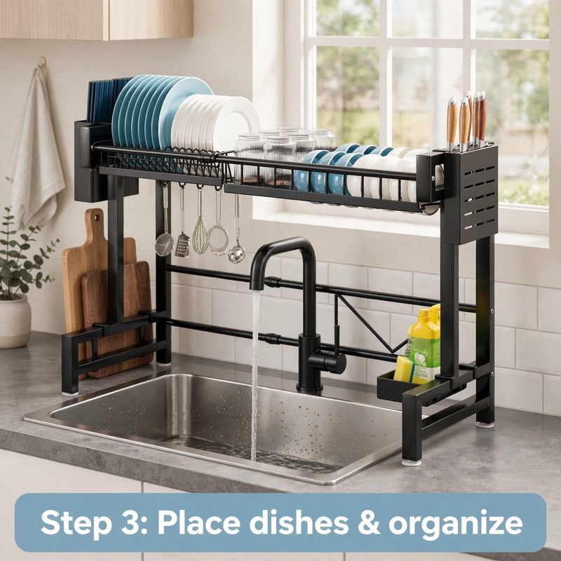 exclusive 1pc Expandable Dish Drying Rack for Countertop, Black Kitchen Organizer for Sink Storage 33 A single layer black Dish Drying Rack for Countertop installed over a kitchen sink window, beautifully organized with dishes and clean tableware.