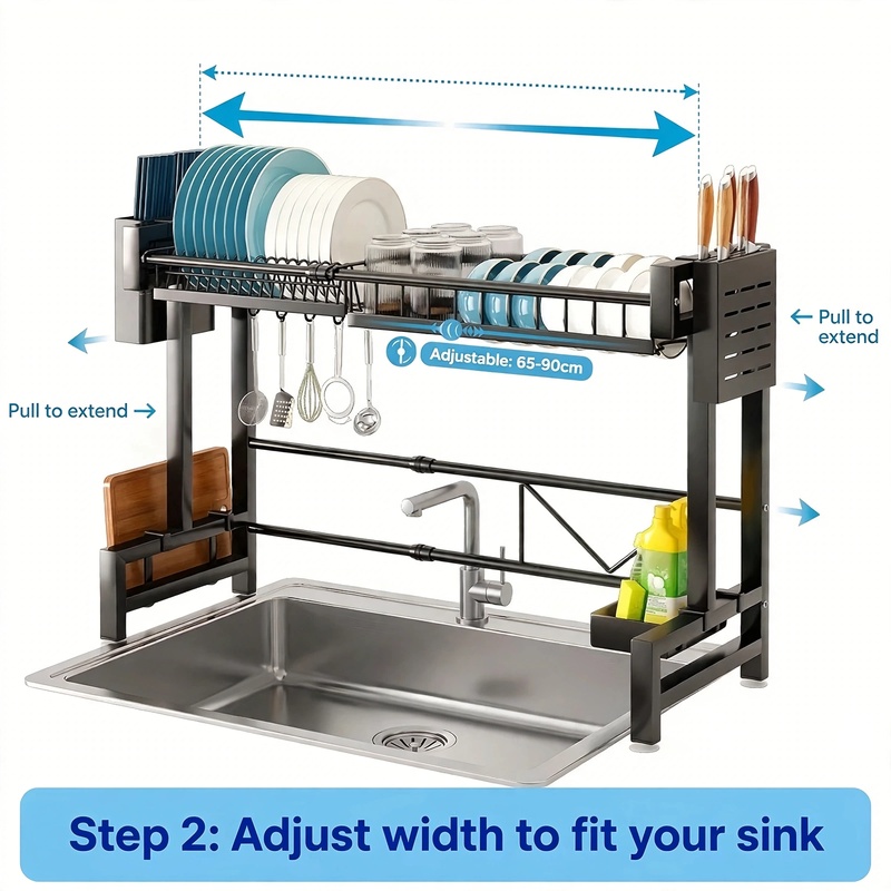 exclusive 1pc Expandable Dish Drying Rack for Countertop, Black Kitchen Organizer for Sink Storage 32 mrali single layer Step 2 Adjust width to fit your sink65 90cm