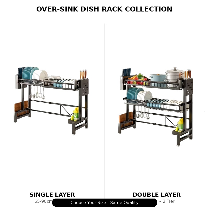 Side-by-side comparison showcasing the single-layer and double-layer options for the black over-sink Dish Drying Rack for Countertop.