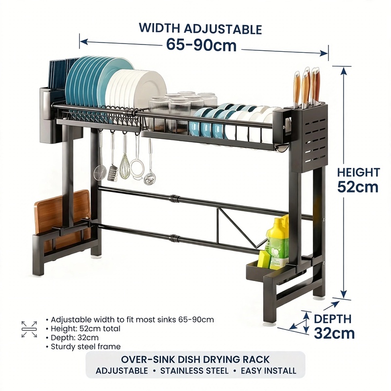 exclusive 1pc Expandable Dish Drying Rack for Countertop, Black Kitchen Organizer for Sink Storage 38 mrali single layer measurements he overall adjustable width 65 90cm height 52cm depth 32cm