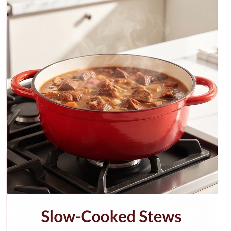 exclusive 4.5QT Enameled Dutch Oven Pot With Lid, Cast Iron Dutch Oven With Dual Handles For Bread Baking, Cooking, Non-stick Enamel Coated Cookware 34 A close-up, low-angle photograph of a rich, bubbling beef stew inside a red oval Enameled Dutch Oven Pot With Lid. The stew contains chunks of beef, potatoes, and carrots in a thick gravy, with steam gently rising. The pot is placed on a black gas stovetop burner. The background shows a clean kitchen counter. Text below reads: "Slow-Cooked Stews".