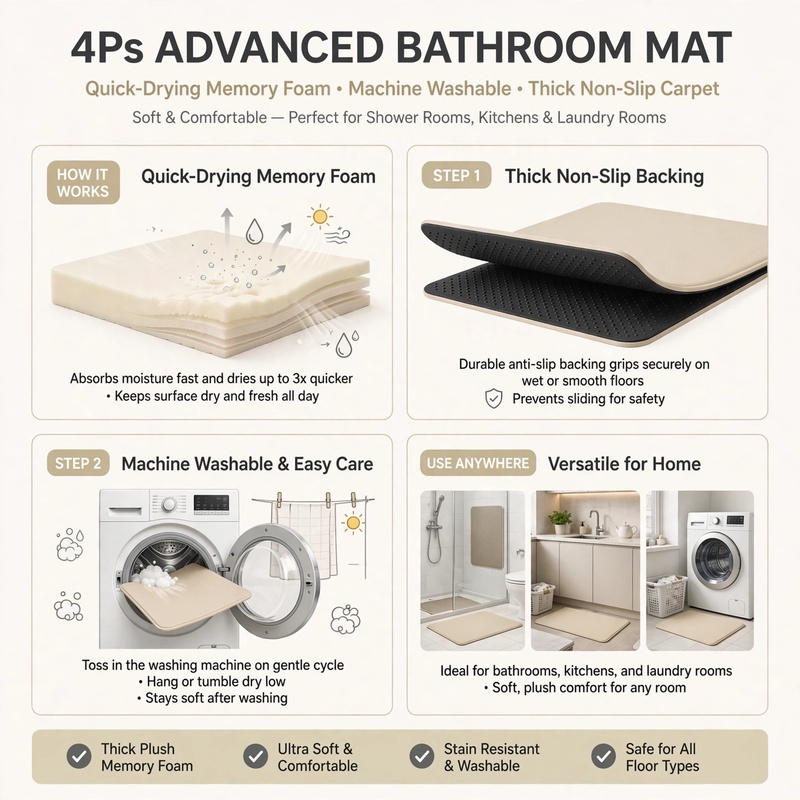 4Ps Advanced Bathroom Mat - Quick-Drying Memory Foam, Machine Washable, Thick Non-Slip Carpet, Suitable for Shower Rooms, Kitchens, And Laundry Rooms - Soft And Comfortable Home Decor 37 A 4-panel summary infographic detailing the quick-drying memory foam, non-slip backing, machine-washable care steps, and versatile home applications of the mat set.