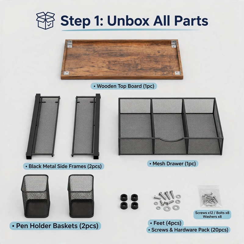 ultimate Metal Printer Stand for Desk with Storage Drawer And 2 Pen Holders, 2-Tier Desktop Organizer Printer Table for Home Office, Multi-Purpose Desk Organizer for Fax Machine Scanner Files(Black) 31 Flatlay view showing all components of the Metal Printer Stand for Desk with Storage, including wood top, metal frames, mesh drawer, and hardware.