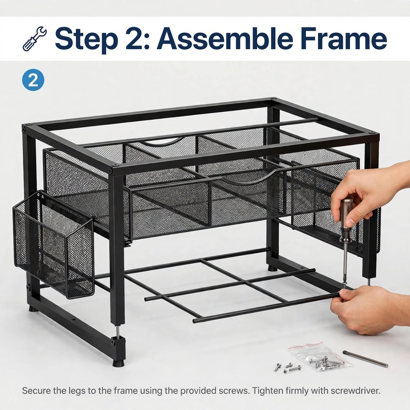 ultimate Metal Printer Stand for Desk with Storage Drawer And 2 Pen Holders, 2-Tier Desktop Organizer Printer Table for Home Office, Multi-Purpose Desk Organizer for Fax Machine Scanner Files(Black) 32 Hands using a screwdriver to secure the metal frame pieces during the assembly of a Metal Printer Stand for Desk with Storage.
