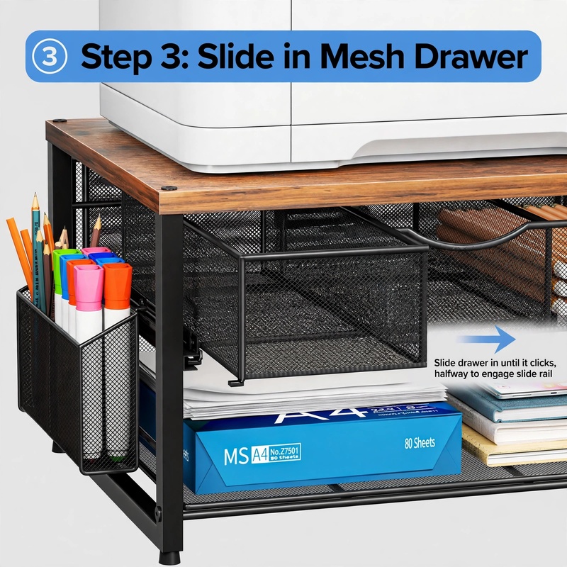 ultimate Metal Printer Stand for Desk with Storage Drawer And 2 Pen Holders, 2-Tier Desktop Organizer Printer Table for Home Office, Multi-Purpose Desk Organizer for Fax Machine Scanner Files(Black) 33 Close-up view of sliding the mesh drawer into place on the Metal Printer Stand for Desk with Storage.