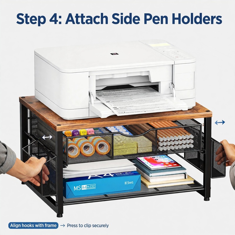 ultimate Metal Printer Stand for Desk with Storage Drawer And 2 Pen Holders, 2-Tier Desktop Organizer Printer Table for Home Office, Multi-Purpose Desk Organizer for Fax Machine Scanner Files(Black) 34 Hands clipping the detachable pen holder baskets onto the sides of the Metal Printer Stand for Desk with Storage.