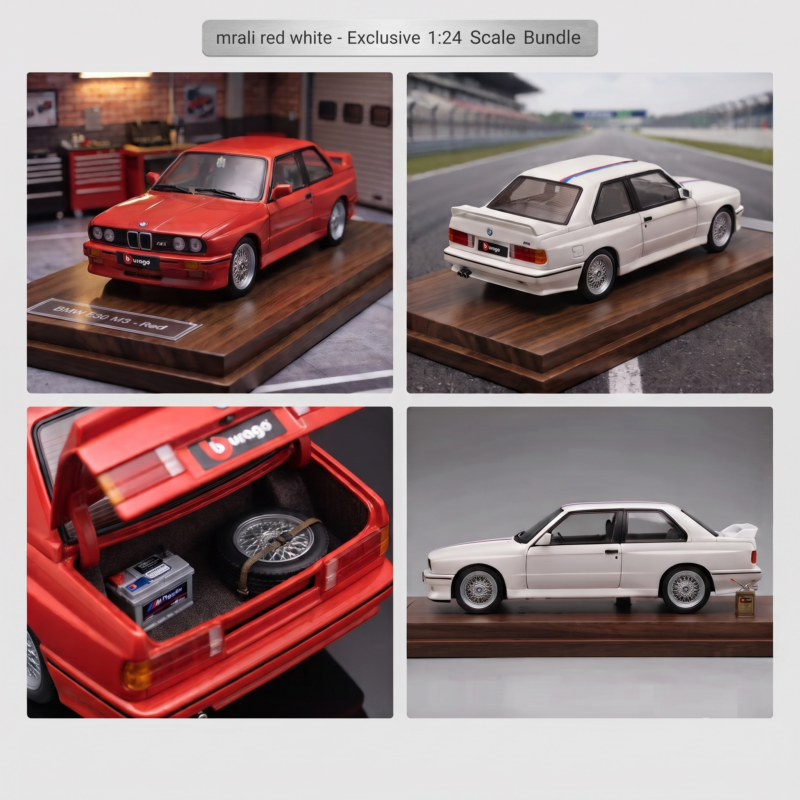 exclusive Burago 1:24 Scale for BMW M3 (E30) Collectible Die-Cast Model Car Suitable for & - Iconic Sports Car Replica, Metal, for BMW & for BMW M3 Decals 6 Dual pack studio shot showing red white bundle color Scale for BMW M3 die-cast collectible cars on black reflective bases.