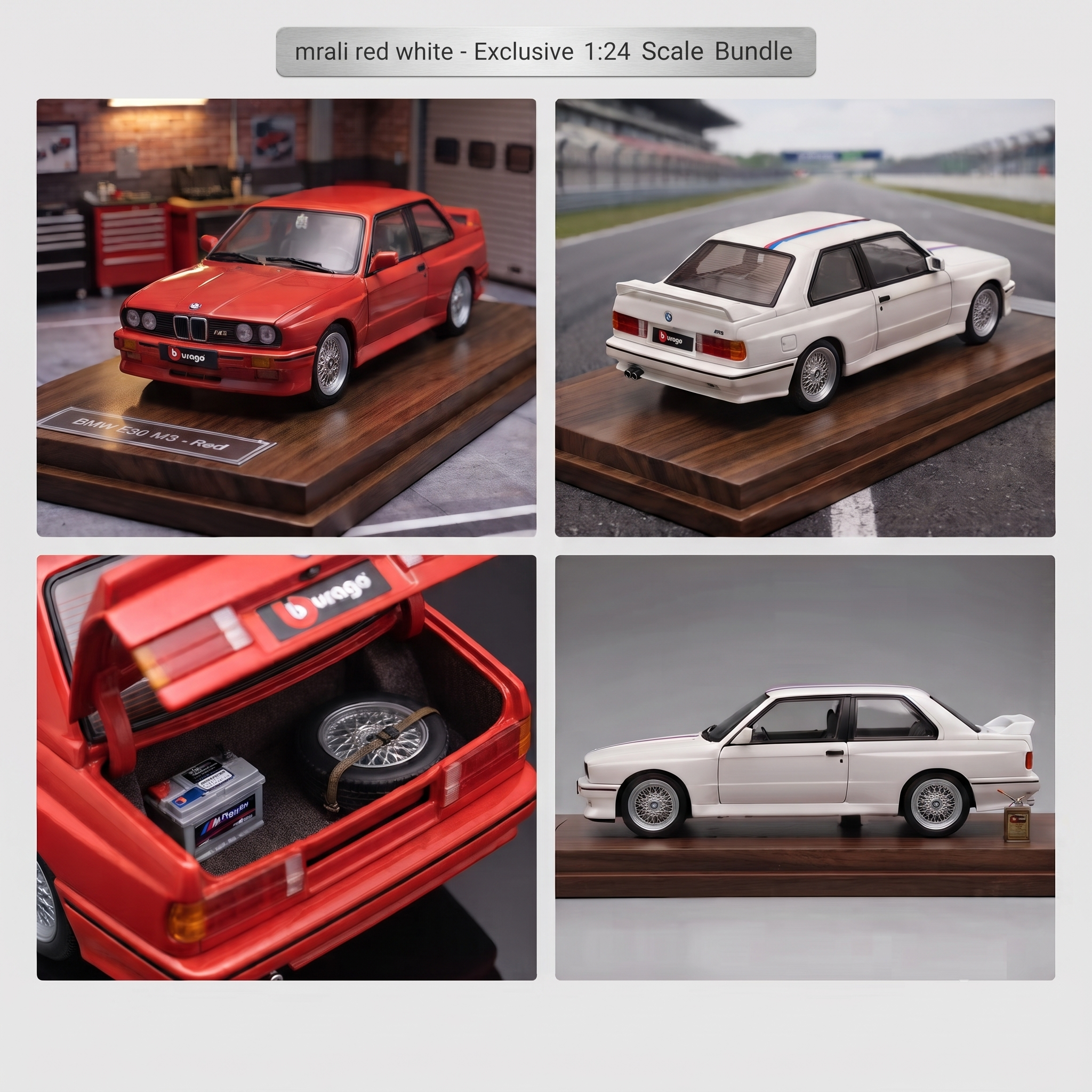 exclusive Burago 1:24 Scale for BMW M3 (E30) Collectible Die-Cast Model Car Suitable for & - Iconic Sports Car Replica, Metal, for BMW & for BMW M3 Decals 13 Dual pack studio shot showing red white bundle color Scale for BMW M3 die-cast collectible cars on black reflective bases.
