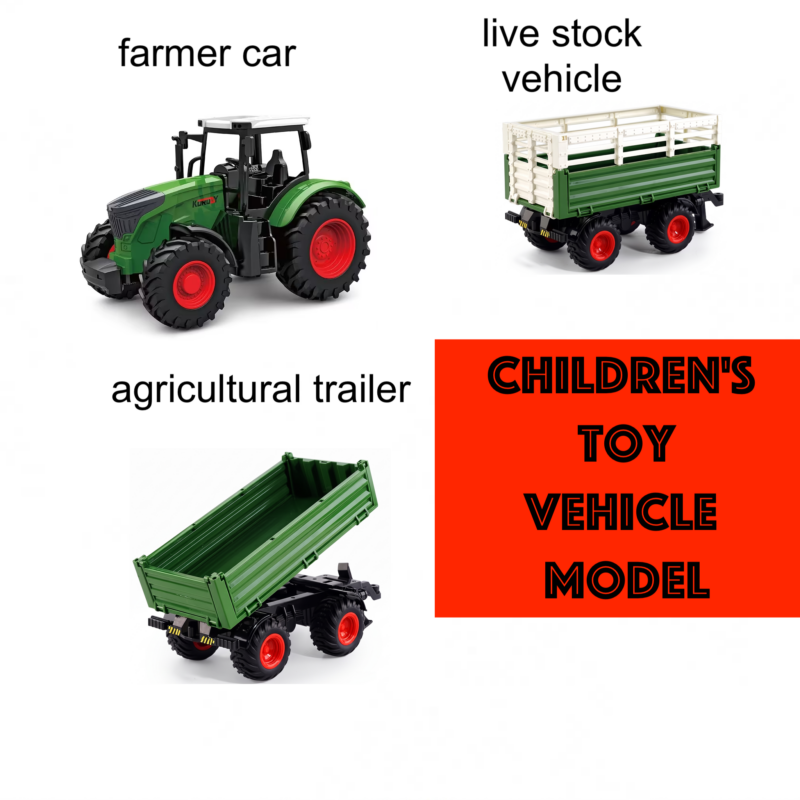Children's Toy Vehicle Model A collection of three Childrens Toy Vehicle Model items arranged together, including a green tractor labeled "farmer car," a green and white "live stock vehicle," and a green "agricultural trailer," all presented on a clean background.