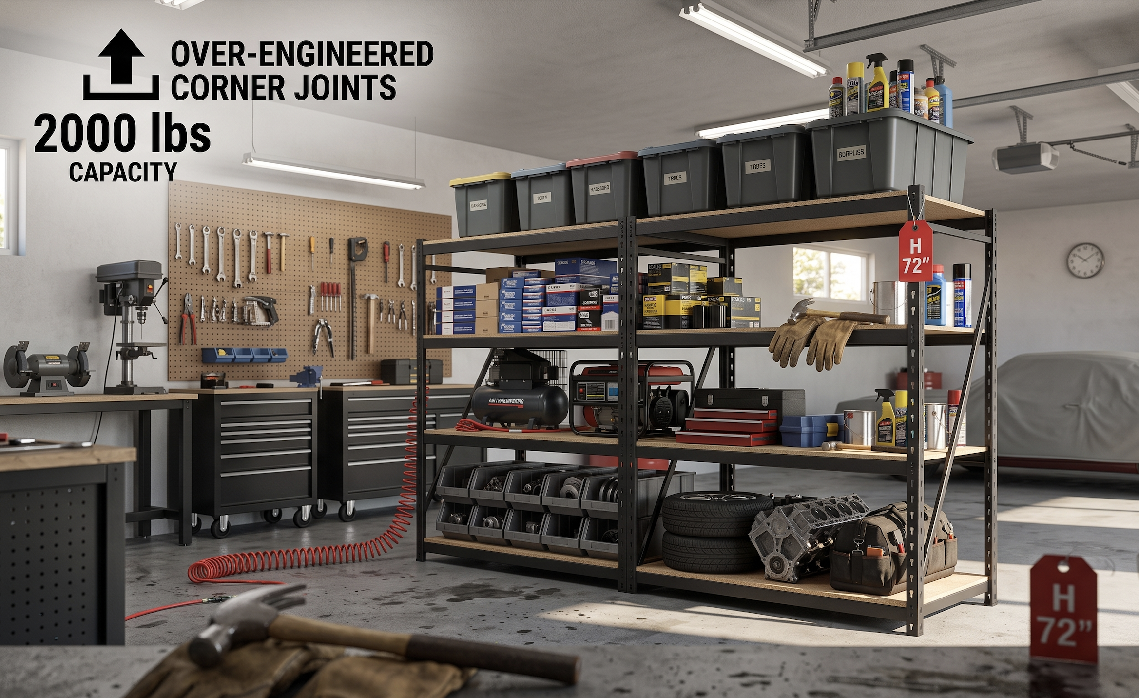 72 Inch Heavy-duty Metal Storage Rack, with A Load-bearing Capacity Of 2000 Pounds Per Layer, Adjustable Height, Easy Assembly for Independent Garage, Warehouse, Home, Office Shelves - Industrial Style Sorting Rack, Utility Shelves, Gloves And Hammer 7 Two units of the 72 Inch Heavy duty Metal Storage Rack placed side by side inside a spacious garage filled with bins, car parts, and various maintenance tools.