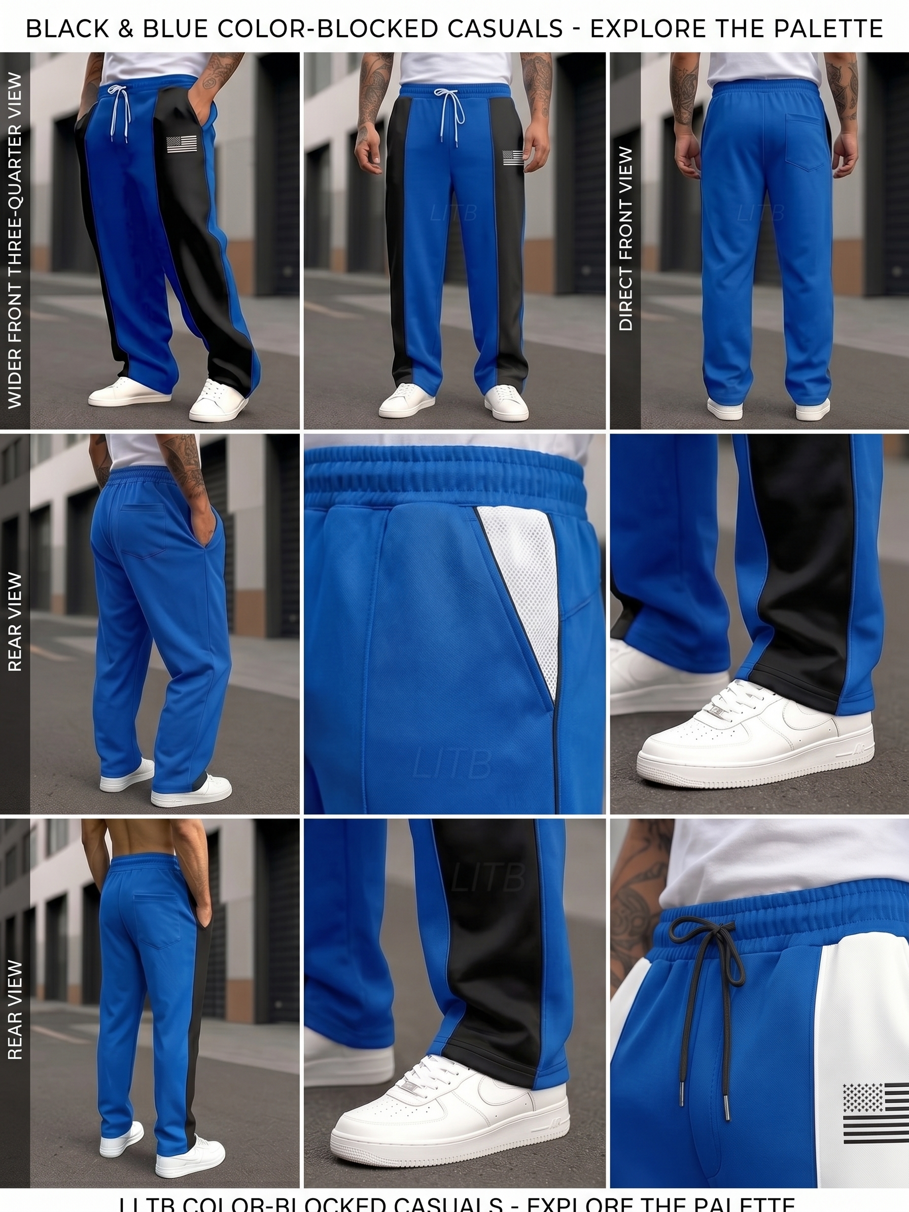 Men'S Color-Blocked Casual Pants Feature a Stylish Design with Comfortable And Structured Fabric. The Drawstring Waist Fits The Body Well, Making It Trendy And Eye-Catching. with a Loose Straight Cut 2 A professional, multi-panel e-commerce product collage showcasing how our light blue color Blocked Casual Pants Feature a Stylish design. This detailed overview includes front and rear model views on a street, macro close-ups of the drawstring waistband, the flag logo detail, the unique color-blocked side panels (black on blue), and the clean stitching. Perfect for highlighting premium fabrics and precise construction.