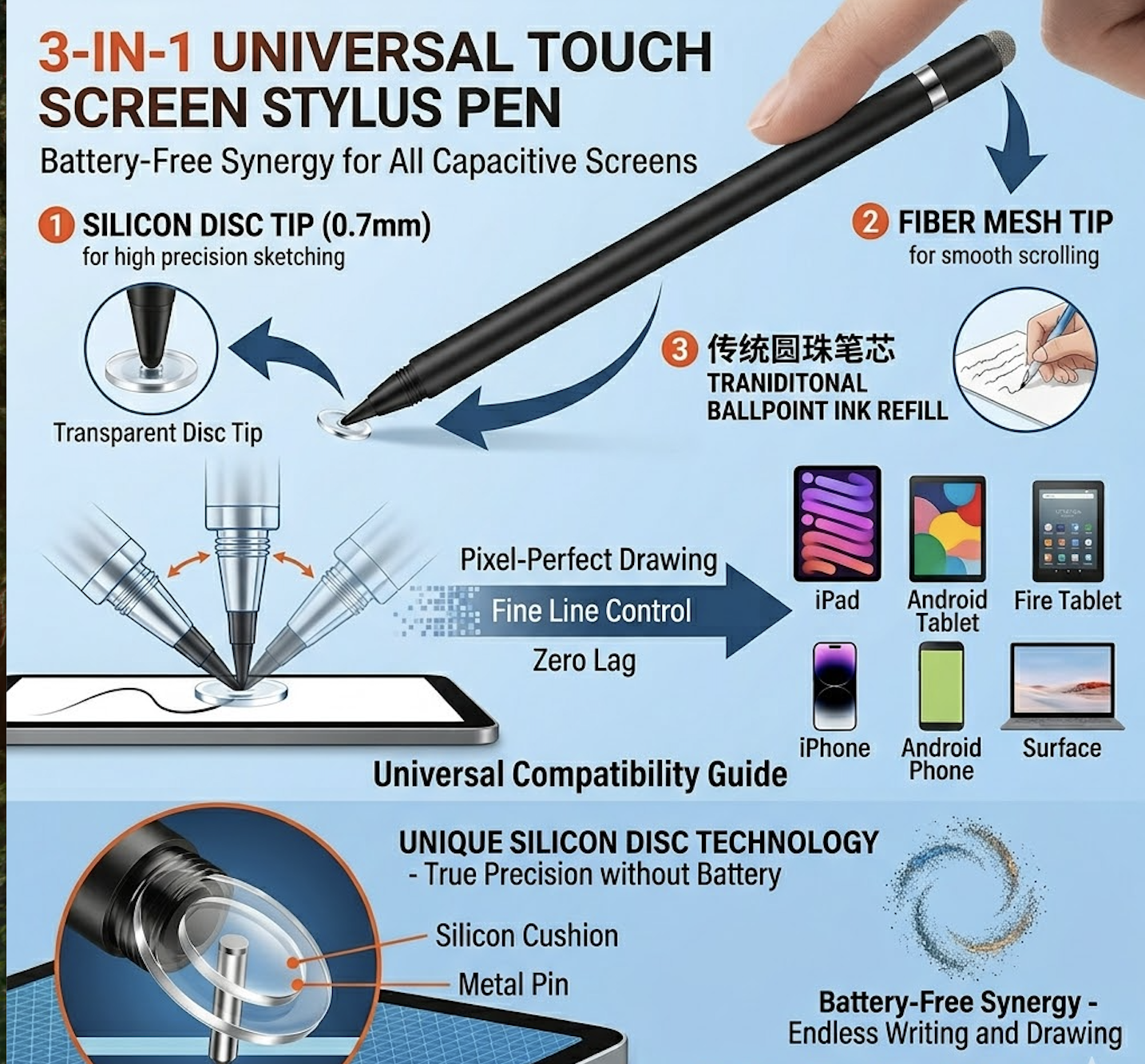 exclusive Masterstroke Synergy: The 3-in-1 Universal Touch Screen Stylus Pen for Seamless Cross-Platform Navigation 17 A professional product infographic for the 3-in-1 Universal Touch Screen Stylus Pen in a matte black finish. The central image features the sleek stylus with three pointed-out functions: a 0.7mm Silicon Disc Tip for high-precision sketching, a Fiber Mesh Tip for smooth scrolling, and an internal Traditional Ballpoint Ink Refill for paper writing. A "Universal Compatibility Guide" displays icons for iPad, Android tablets, Fire tablets, iPhone, and Surface devices. Detailed diagrams illustrate "Pixel-Perfect Drawing" with "Zero Lag," while a technical inset at the bottom highlights the "Unique Silicon Disc Technology" featuring a silicon cushion and metal pin for battery-free precision.