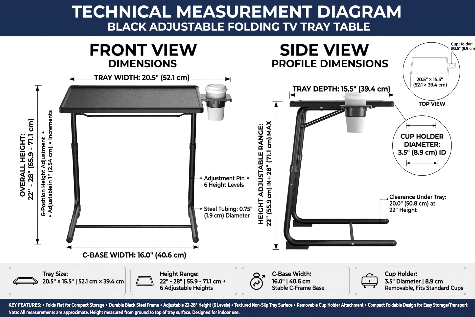 Big 2-Pack/ 1-Pack Adjustable Folding Table - TV Tray Table, 6 Adjustable Heights, 3 Tilt Angles, Suitable for Food Service Furniture And Restaurant Multifunctional Dining Table 21 A detailed technical measurement diagram of the 1pc upgrade Adjustable Folding Table showing height width and depth dimensions