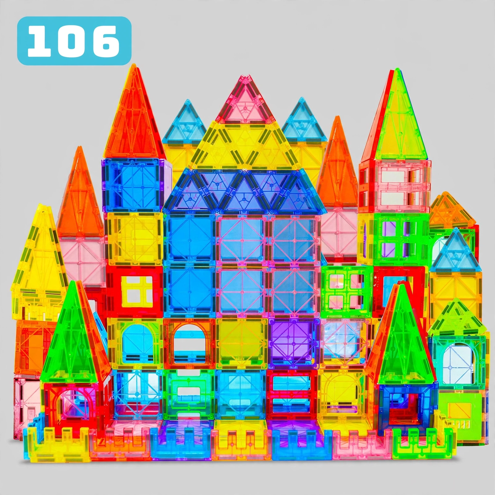 106/136pcs Magnetic Building Blocks with 2 Cars Suitable for Kids Boys & Girls, STEM Construction Toys with Magnetic Base Plates & Car Magnets, Educational Building Blocks for Birthday Gifts, for 3+ Years, for 4 5 6 7 8 9+ 5 A large, colorful castle built entirely from the 106 pcs Magnetic Building Blocks with 2 Cars set against a neutral grey background.
